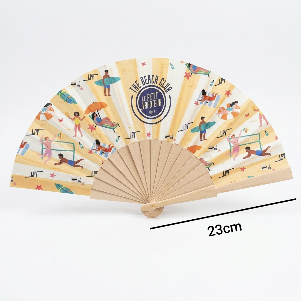 Éventails en bois naturel et en tissu polyester personnalisés avec votre logo